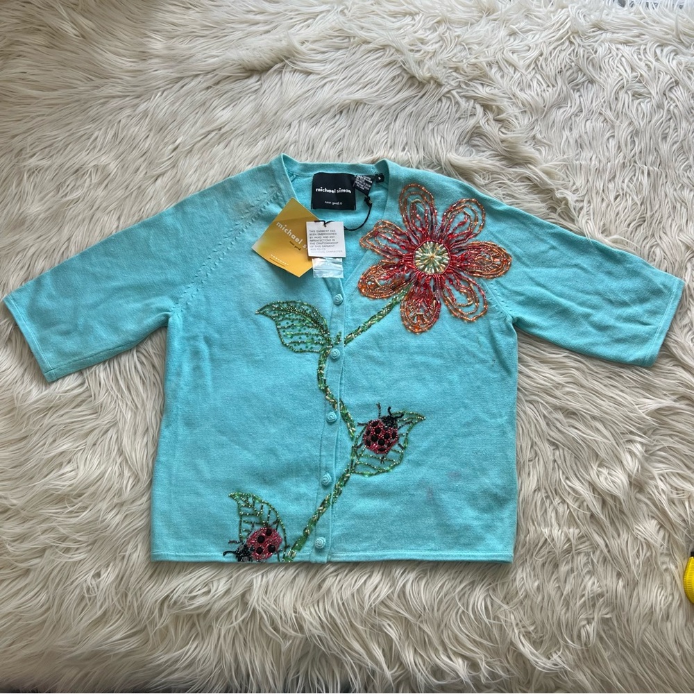 Michael Simon Vintage Ladybug Flower Embroidered Beaded Cardigan Sweater Blue S
